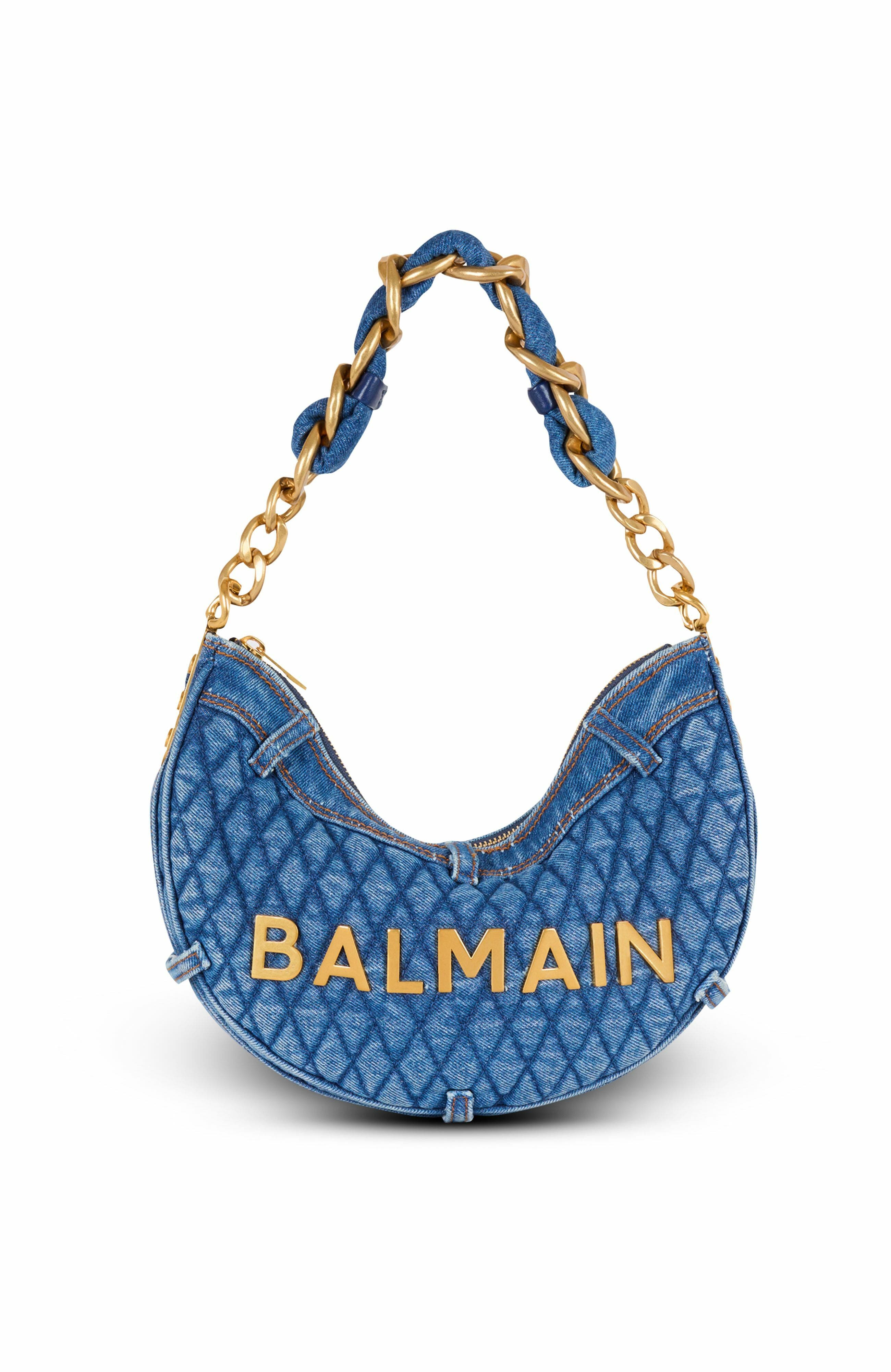 Balmain 1945 Soft Moon Bag In Diamond-Quilted Denim, Main, color, 