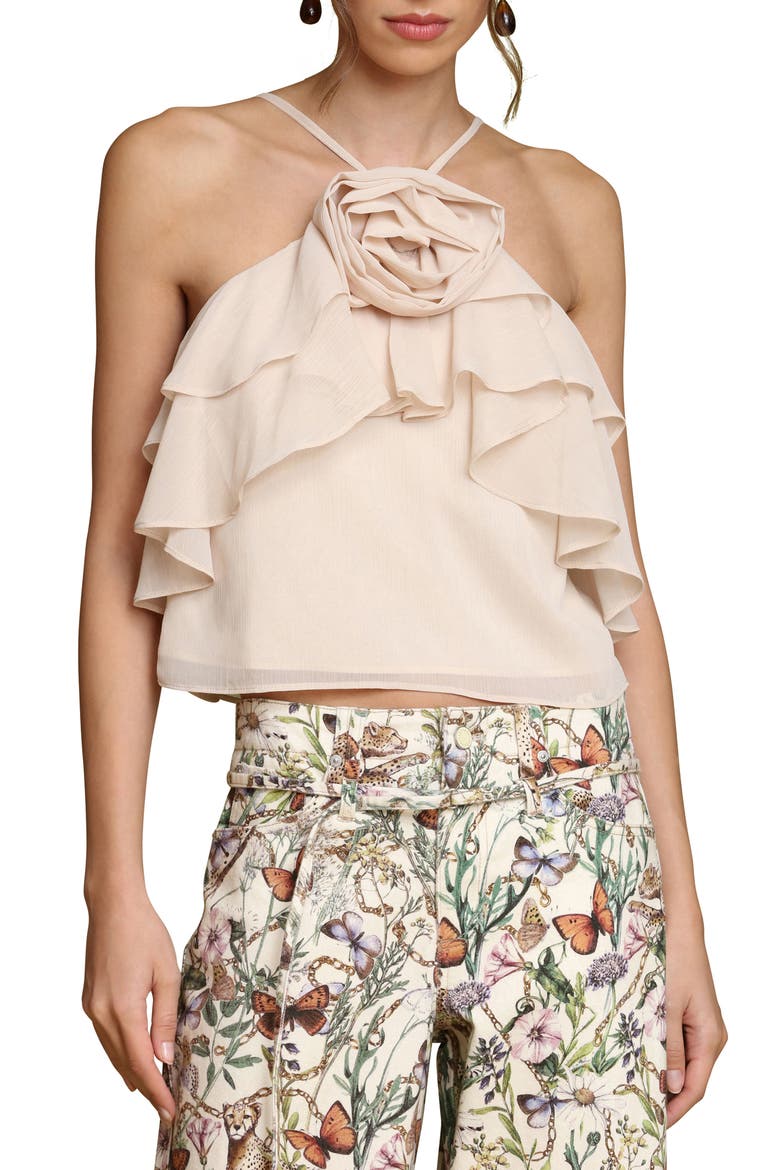 Rosette Ruffle Neck Halter Top, Main, color, BUTTERCREAM