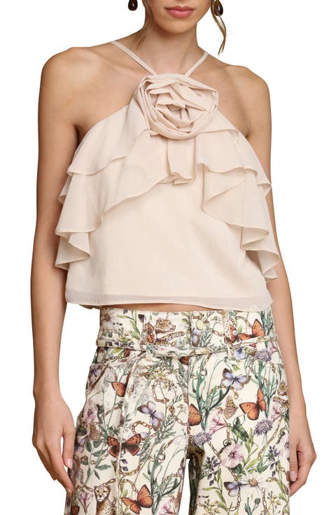 Rosette Ruffle Neck Halter Top