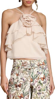 Avec Les Filles Rosette Ruffle Neck Halter Top
