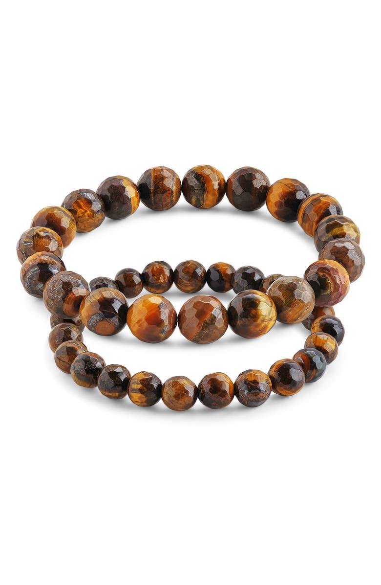 Sterling Forever Set of 2 Tiger's Eye Stone Beaded Stretch Bracelets, Alternate, color,