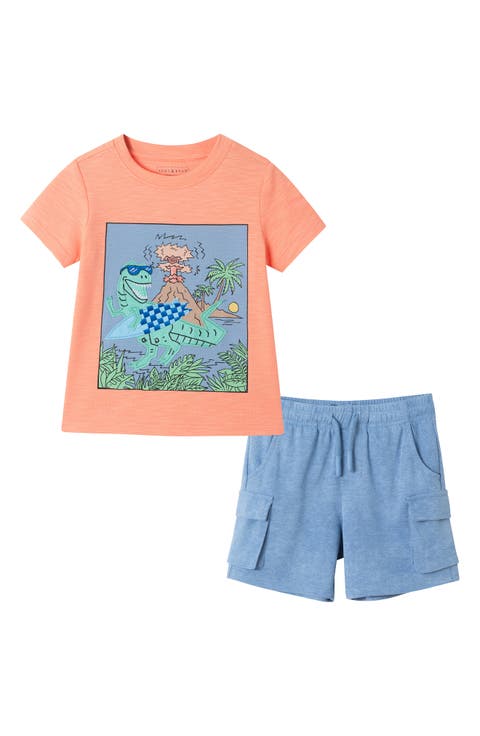Deux Par Deux Short Sleeve Tee & Terry Short Set - Printed Shark & Van Deux Par Deux Short Sleeve Tee & Terry Short Set - Printed Shark & Van