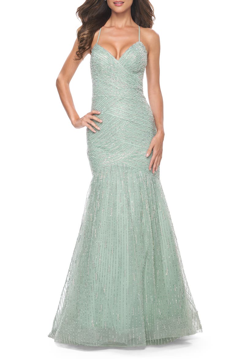 Intricate Beaded and Rhinestone Mermaid Prom Dress, Main, color, Sage