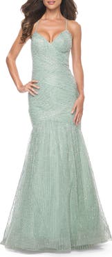 La Femme Intricate Beaded and Rhinestone Mermaid Prom Dress