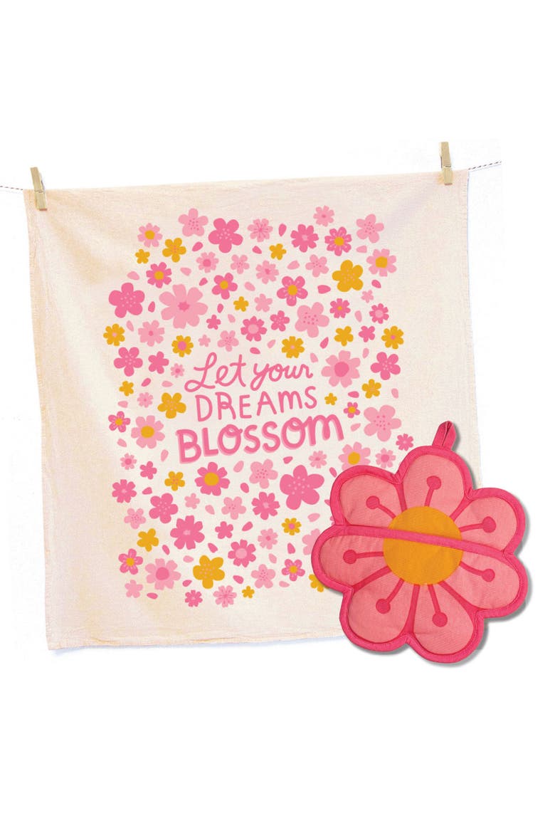 Blossom Tea Towel and Pot Holder Set, Main, color, Pink