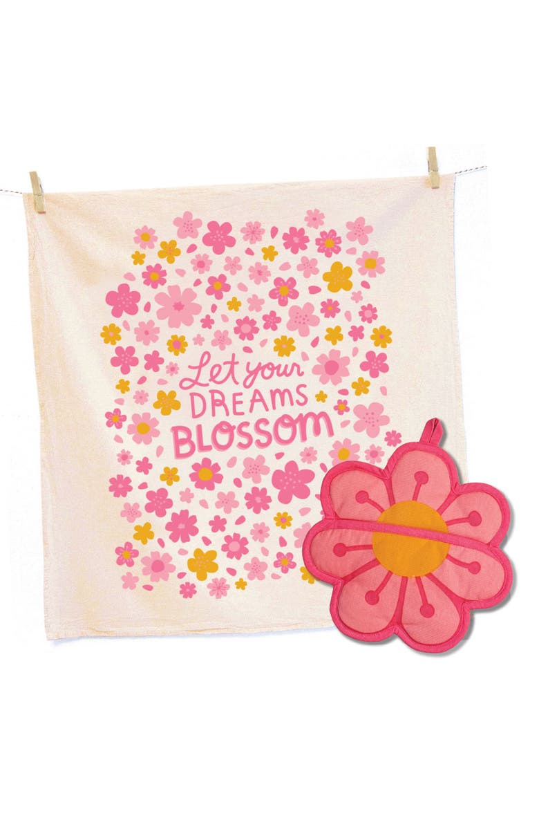 The Neighborgoods Blossom Tea Towel and Pot Holder Set, Main, color, Pink