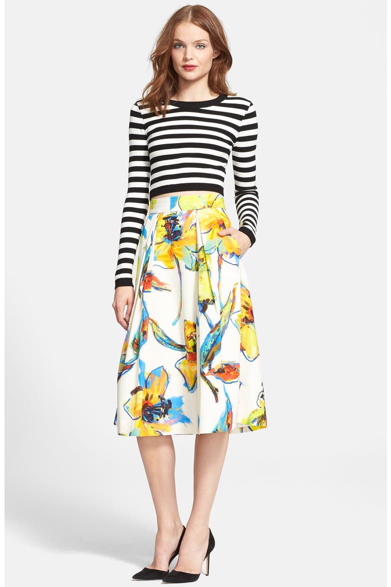'Luna' Floral Print Pleated Midi Skirt, Alternate, color, WHITE