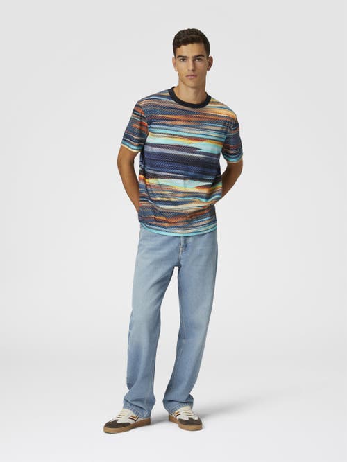 Missoni Cotton Crewneck T-shirt With Slub Zigzag Print In Blue
