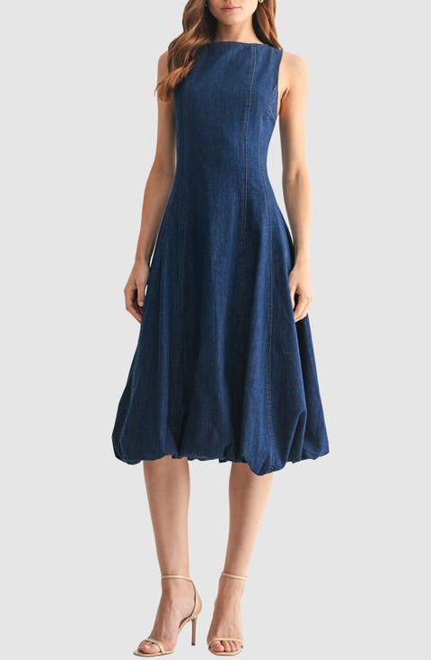 Sleeveless Bubble Hem Denim Midi Dress