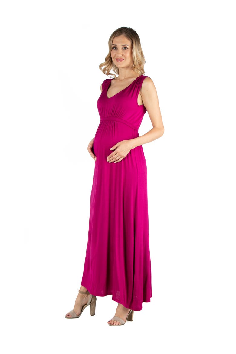 Maternity V-Neck Sleeveless Maxi Dress with Belt, Alternate, color, Magenta
