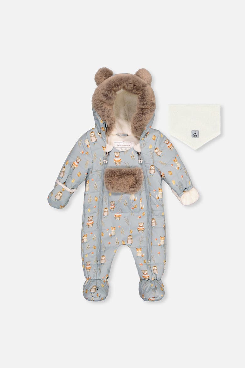 Woodland Creatures One Piece Footie Romper & Neckwarmer Snowsuit, Main, color, Blue Animal Print