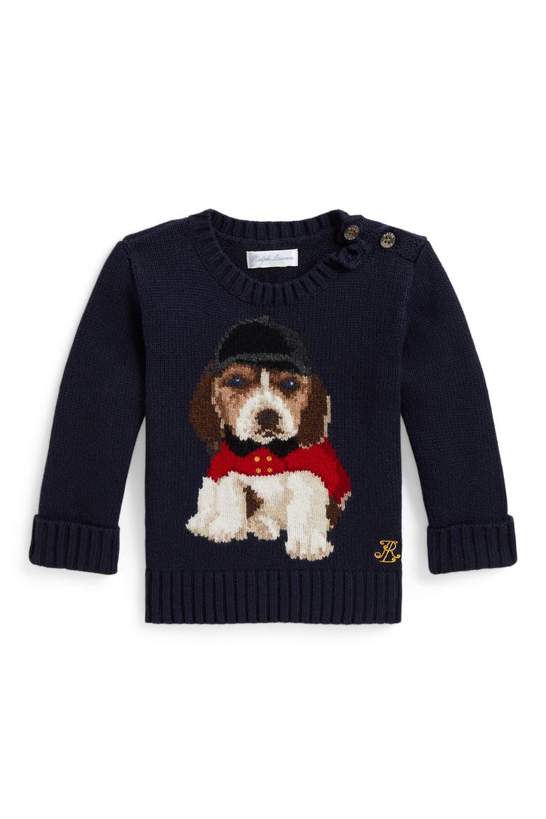 Dog Intarsia Cotton Sweater, Main, color, RL NAVY MULTI