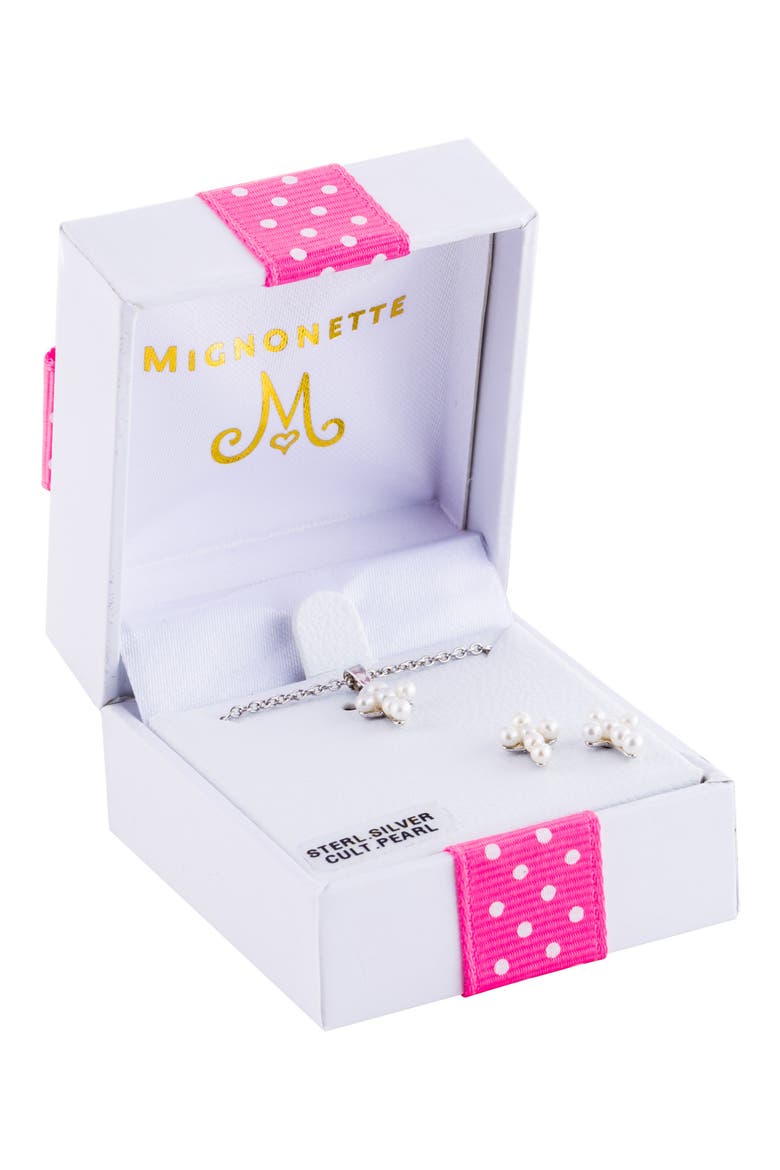 Cultured Pearl Cross Pendant Necklace & Earrings Set, Alternate, color, SILVER