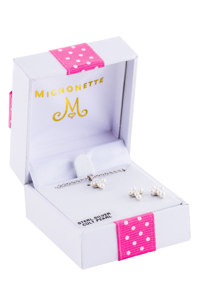 Mignonette Cultured Pearl Cross Pendant Necklace & Earrings Set, Alternate, color, Silver