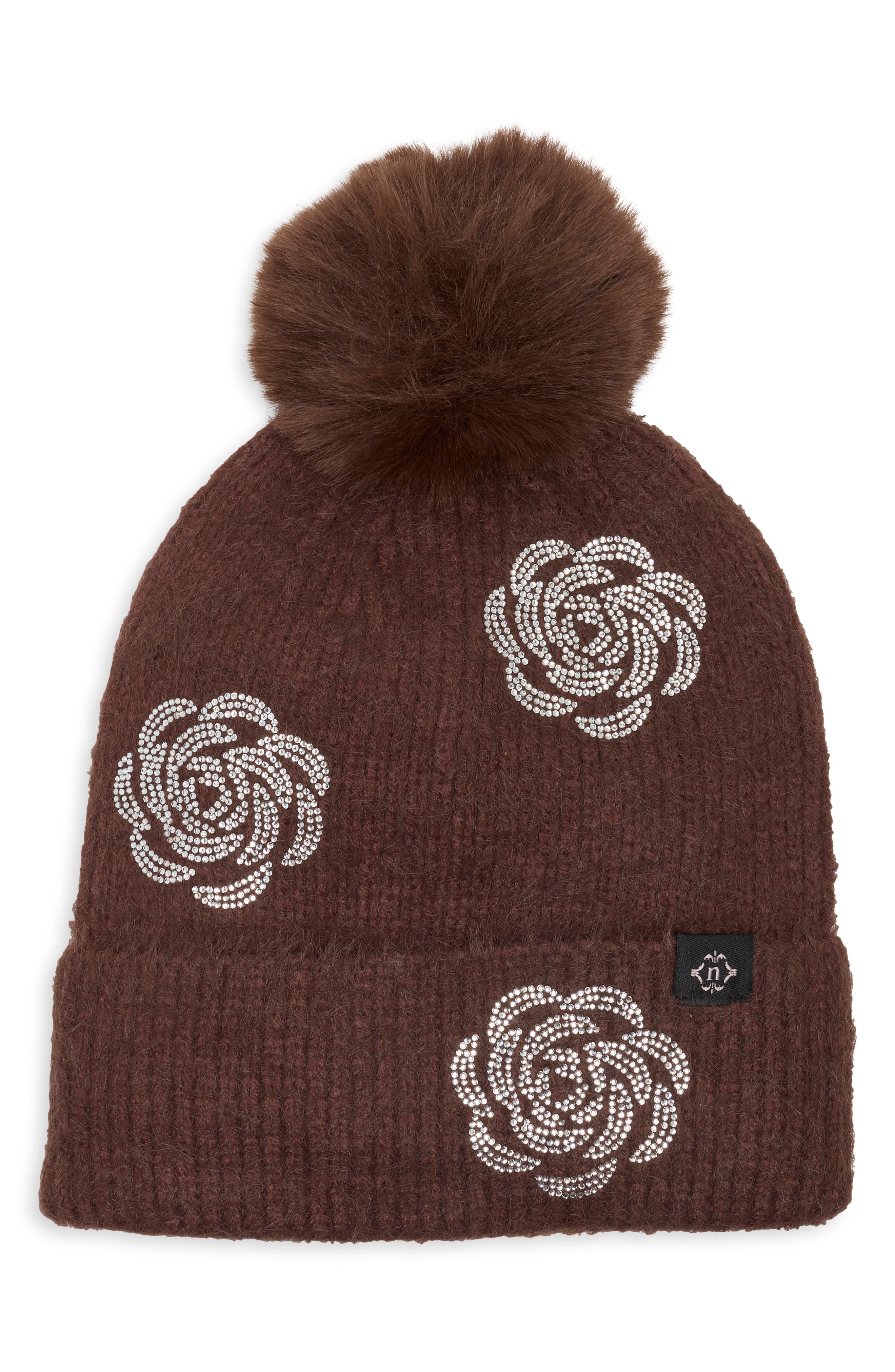 Floral Applique Faux Fur Pom Beanie