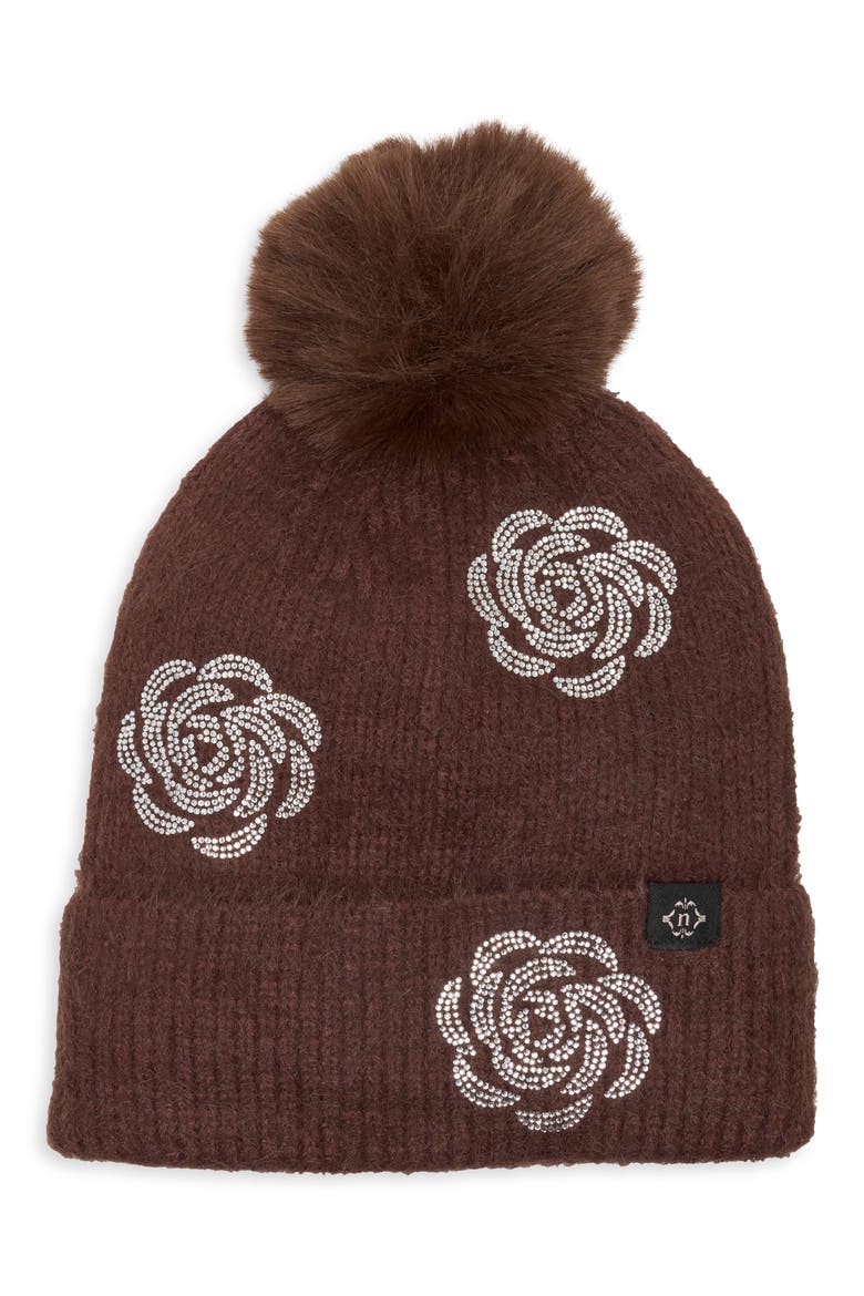 Floral Applique Faux Fur Pom Beanie, Main, color, CHOCOLATE