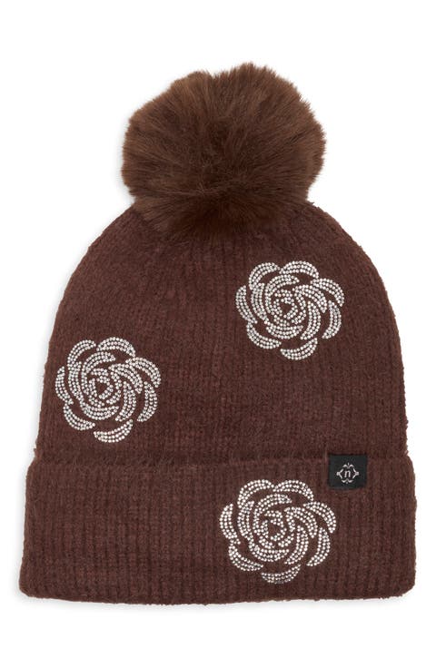 Floral Applique Faux Fur Pom Beanie