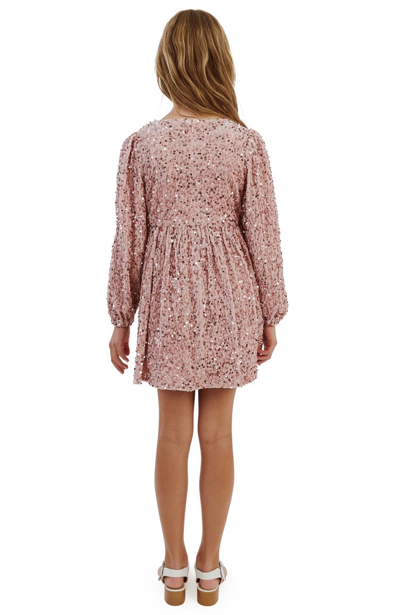 Bardot Junior Kids' Sequin Velour Bow Long Sleeve Dress, Alternate, color, 