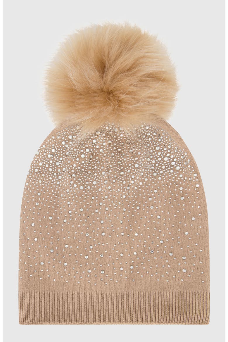 Knit Beanie Hat With Fur-Free Fox (Faux Fur) Pompom, Alternate, color, BEIGE/BEIGE