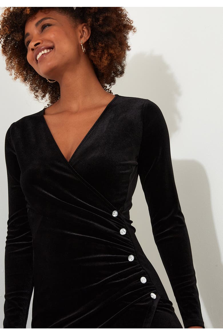 Velvet Faux Wrap Midi Dress, Alternate, color, BLACK