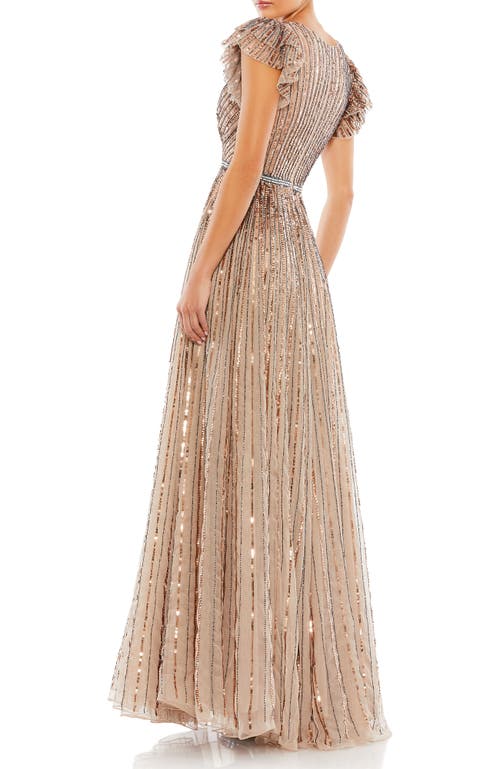Mac Duggal Sequined Wrap Over Ruffled Cap Sleeve Gown In Copper