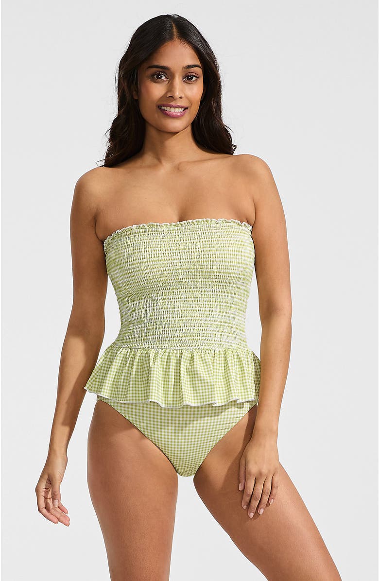Lands' End Smocked Bandeau Peplum One Piece Swimsuit, Main, color, Bright Pistachio Gingham