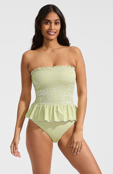 Smocked Bandeau Peplum One Piece Swimsuit