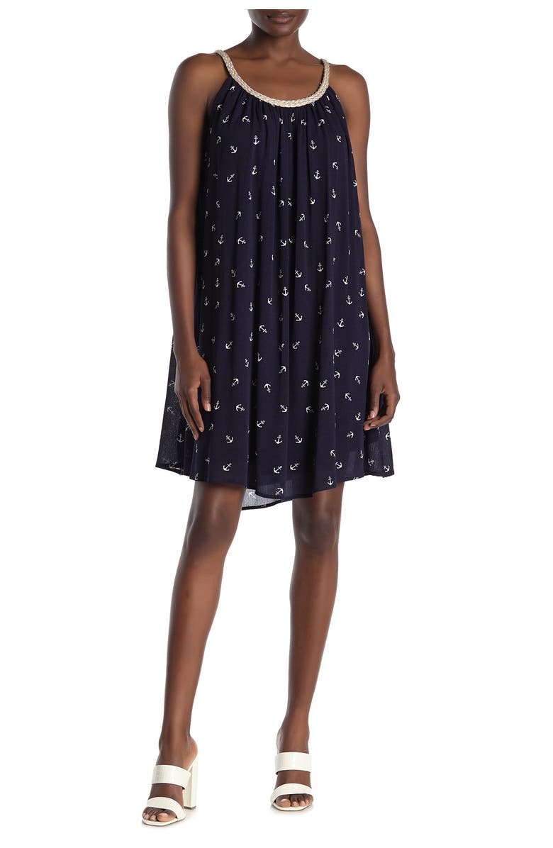 Nina Leonard Braided Neck Sleeveless Shift Dress, Main, color, 