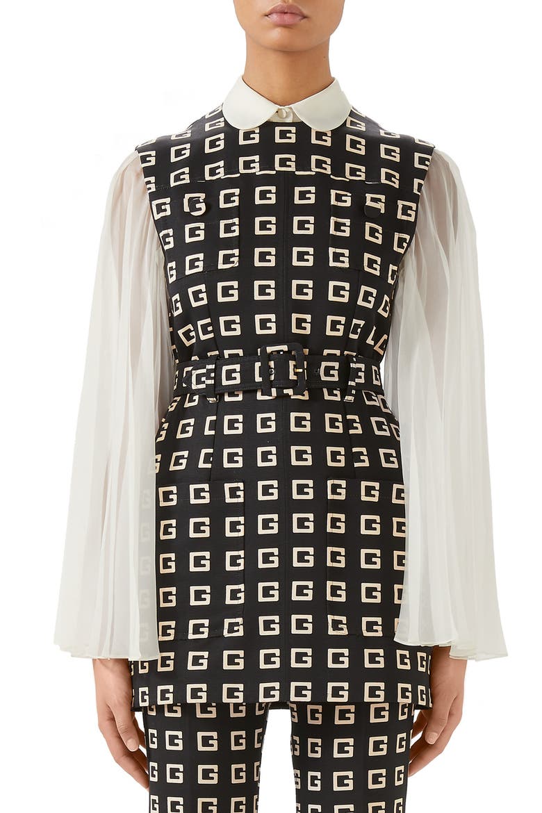 Square-G Logo Print Belted Faille Tunic, Main, color, BLACK/ IVORY