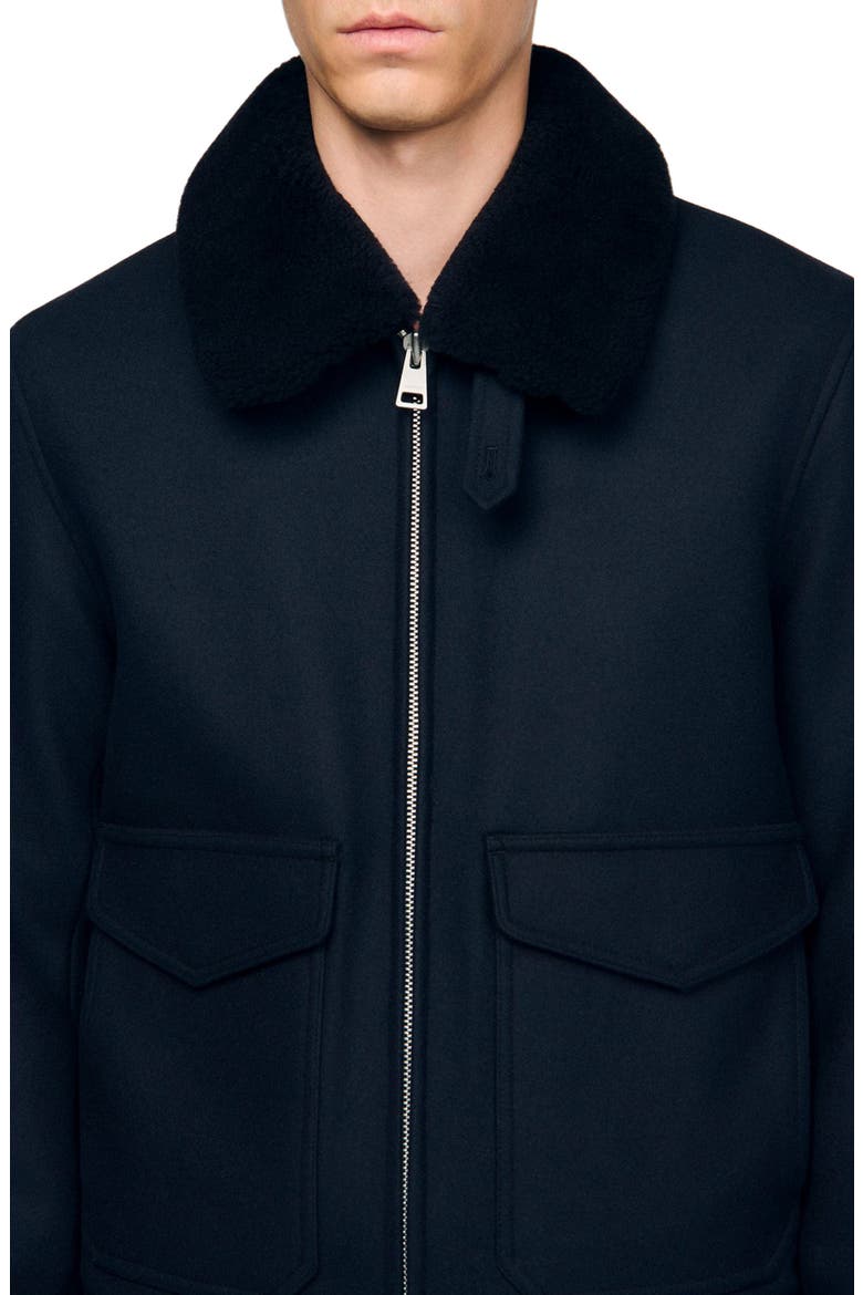 Wool aviator jacket with shearling, Alternate, color, Navy blue