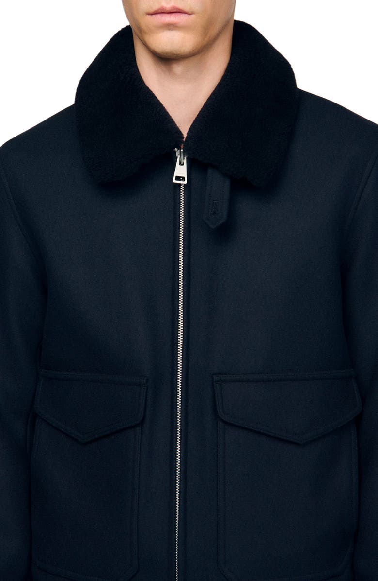 SANDRO Wool aviator jacket with shearling, Alternate, color, Navy Blue