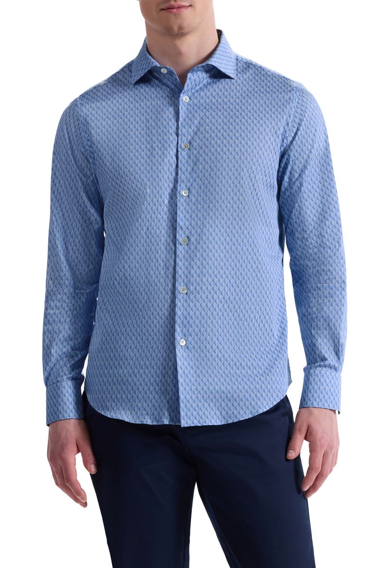 Axel Trim Fit Leaf Print Stretch Cotton Button-Up Shirt, Main, color, AIR BLUE