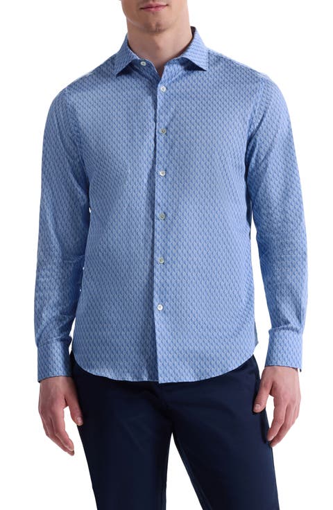 Axel Trim Fit Leaf Print Stretch Cotton Button-Up Shirt
