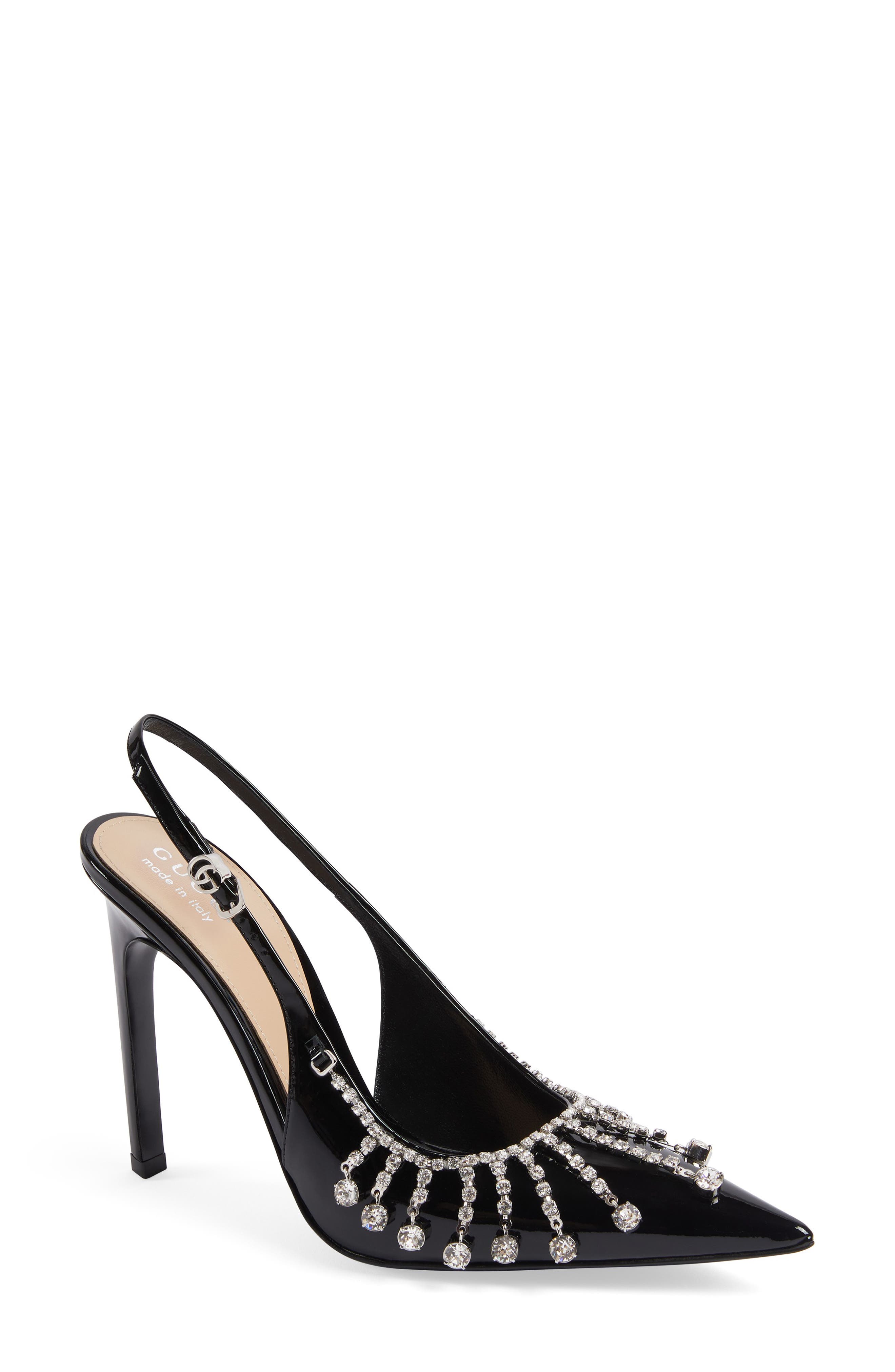 Gucci Guinevere Crystal Chain Pointe Toe Slingback Pump, Main, color, Nero