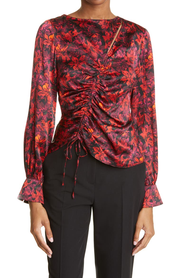 Ezrah Floral Print Ruched Cutout Silk Blouse, Main, color, CALLA LILY MULTI
