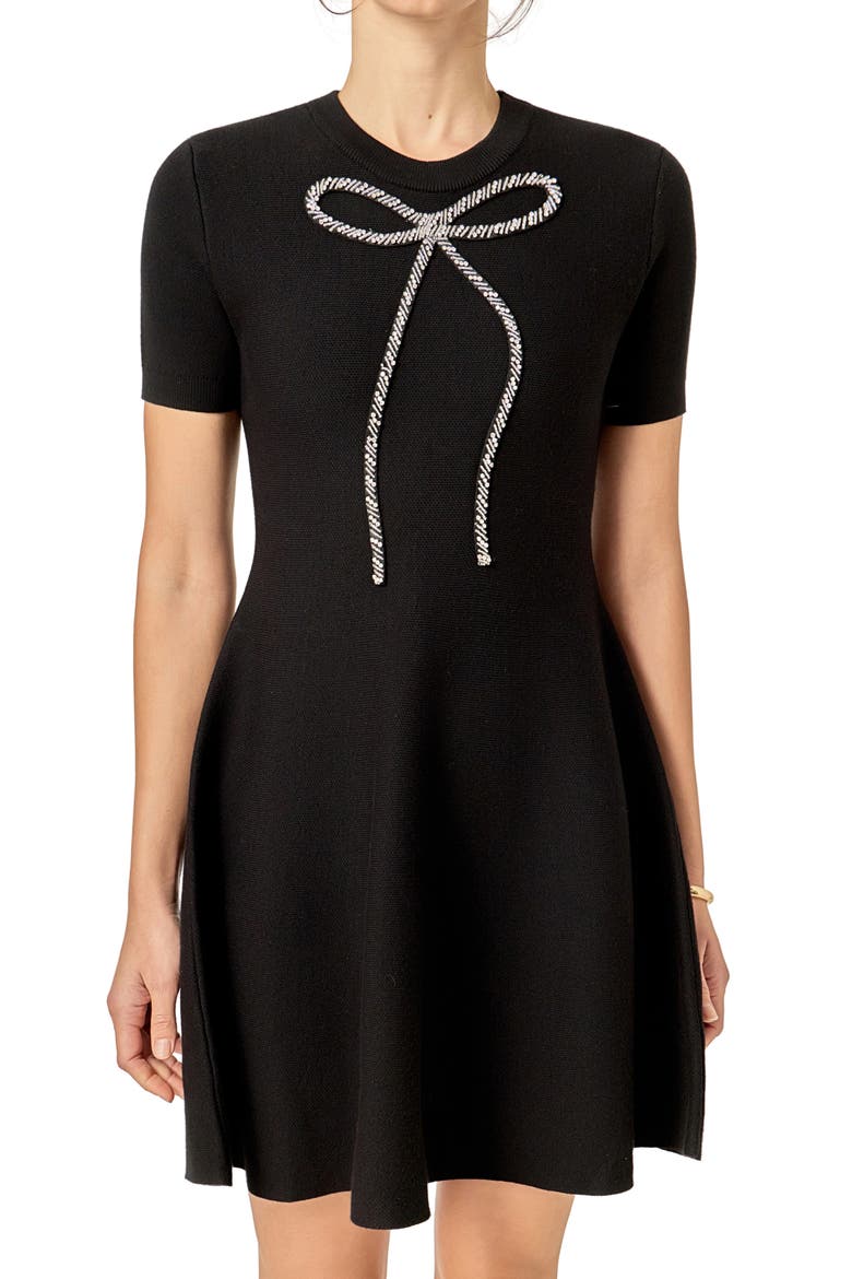 Rhinestone Bow Fit & Flare Knit Dress, Alternate, color, BLACK