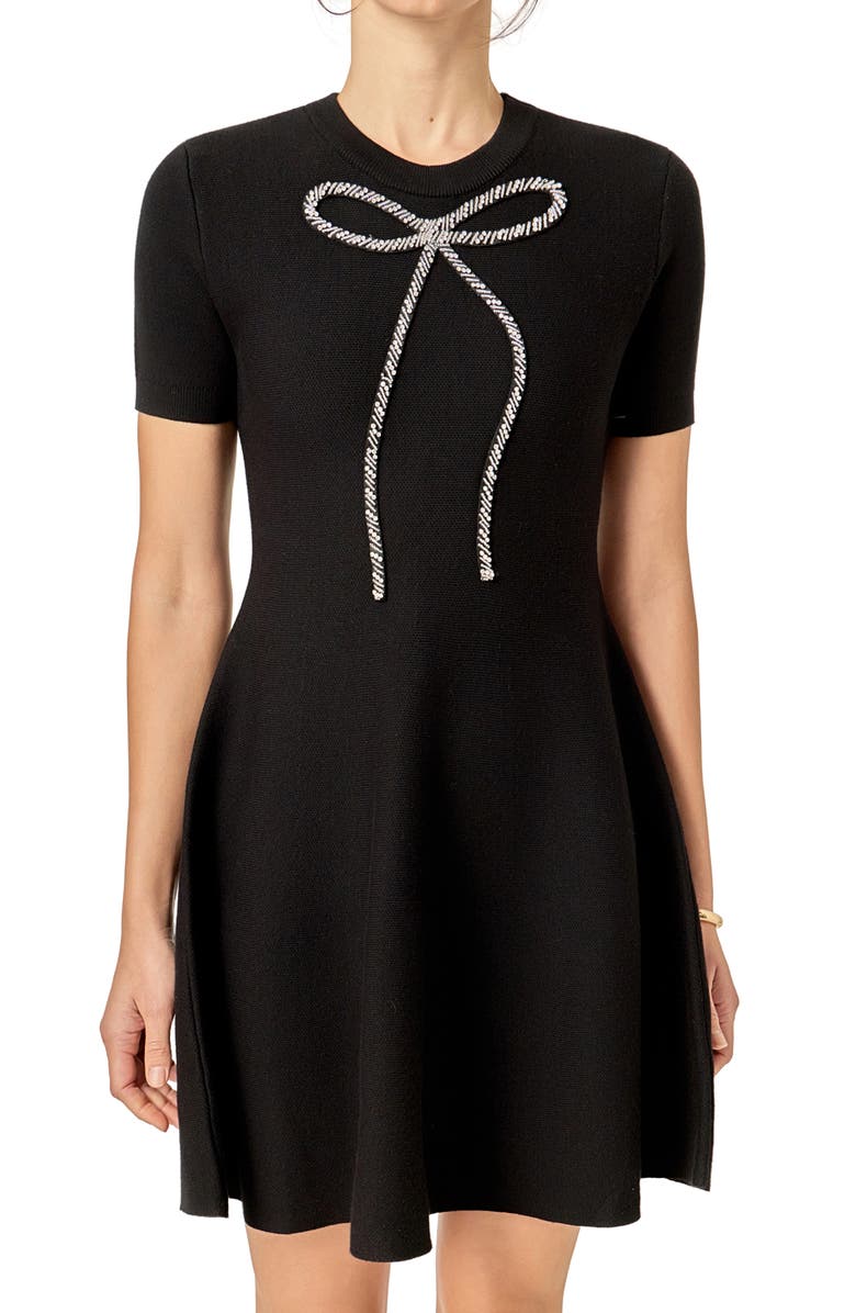 English Factory Rhinestone Bow Fit & Flare Knit Dress, Alternate, color, Black