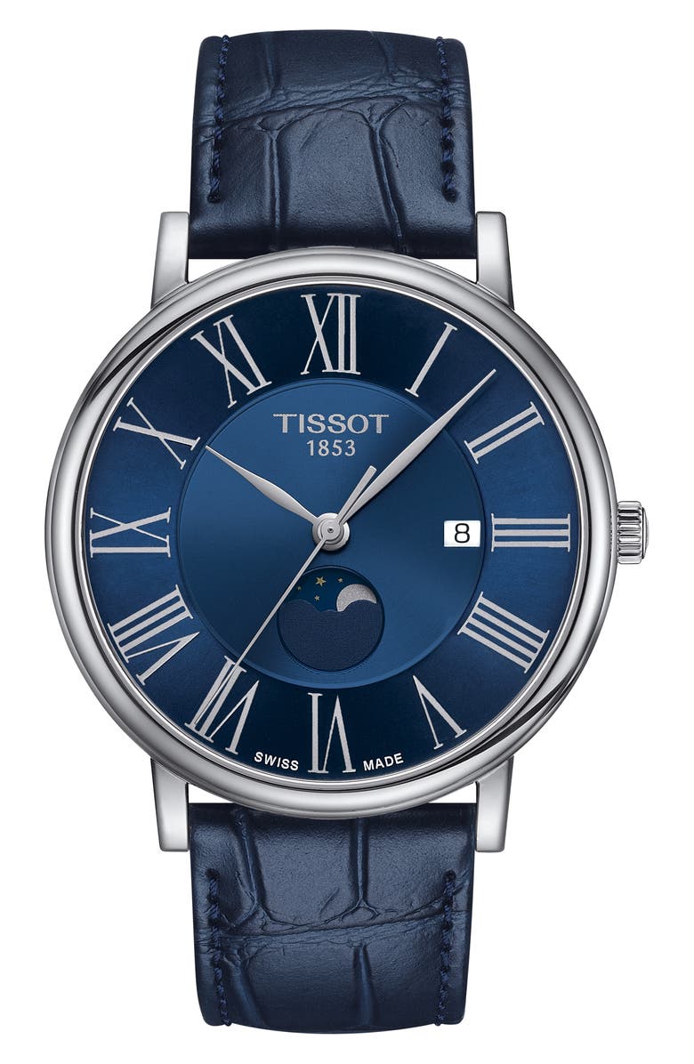 Tissot T-Classic Carson Premium Moonphase Leather Strap Watch, 40mm, Main, color, Blue