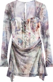 Mistress Rocks Abstract Print Long Sleeve Corset Minidress