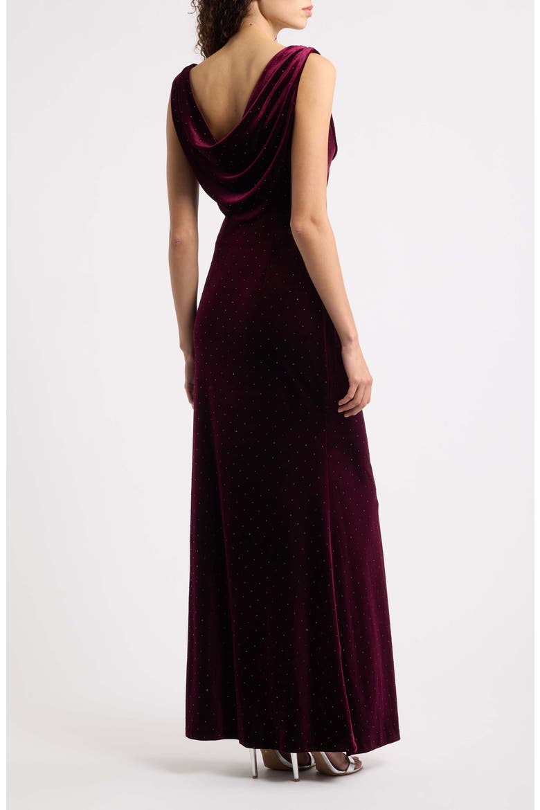 Diamante Detail Cowl Neck Velvet Gown, Alternate, color, WINE