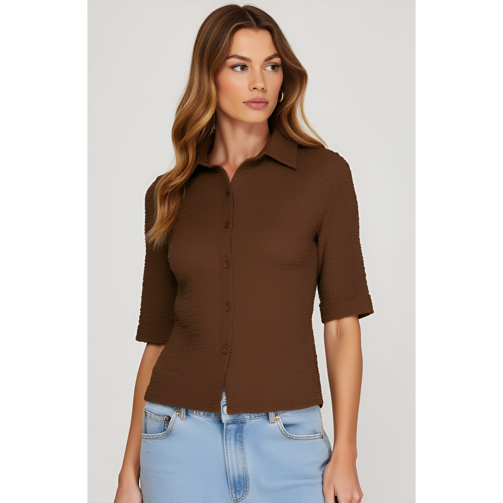 Modenaire Textured Button-up Collared Top In Brown
