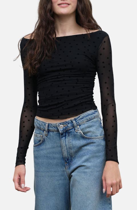 Polka Dot Mesh Off the Shoulder Top