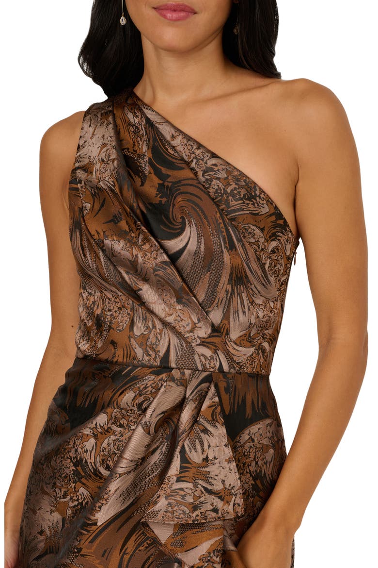 adrianna papell one shoulder jacquard dress in blue gold Blue One Shoulder Jacquard Mermaid Gown With Drape Detail