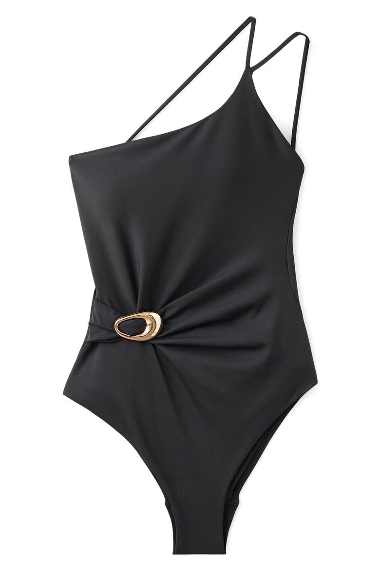 Asymmetric Open Back O-Ring One-Piece Swimsuit, Main, color, BLACK