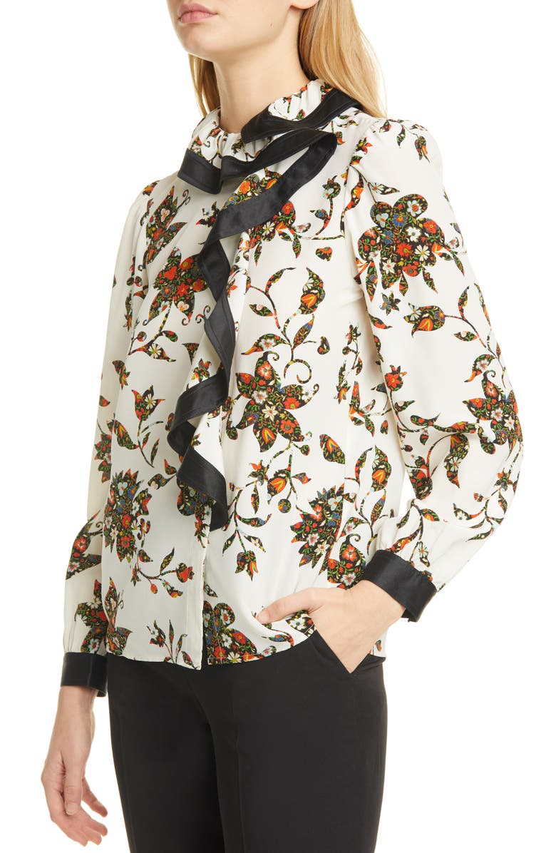 Tory Burch Ruffle Floral Silk Blouse, Alternate, color, 