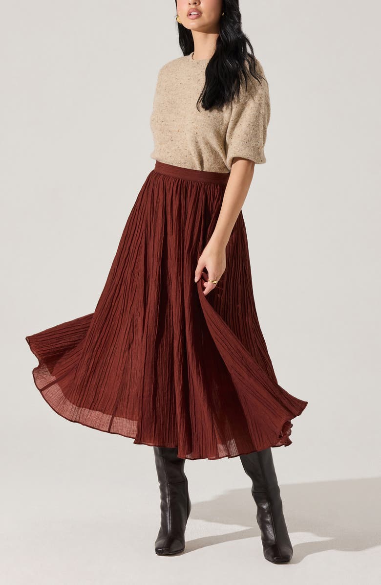 ASTR the Label Salome Pleated A-Line Midi Skirt, Alternate, color, Burnt Brown