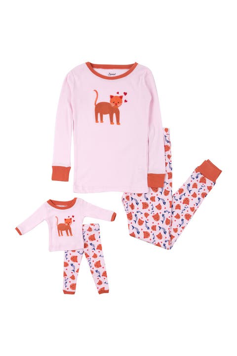 2-pc. Cotton Short Sleeve Shirt & Shorts Animal Print Pajama Set with Matching Doll Accessory