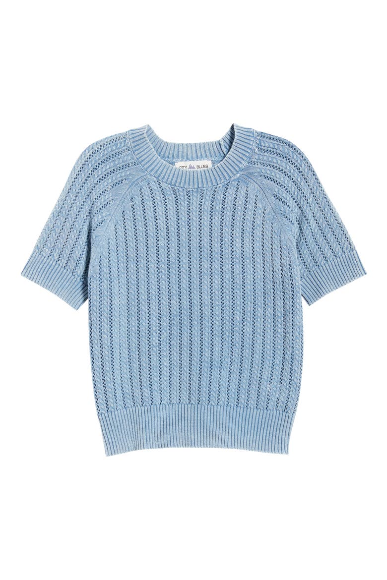Washed Openwork Knit Rib Short Sleeve Sweater, Alternate, color, OCEAN