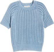 CITY BLUES Washed Openwork Knit Rib Short Sleeve Sweater