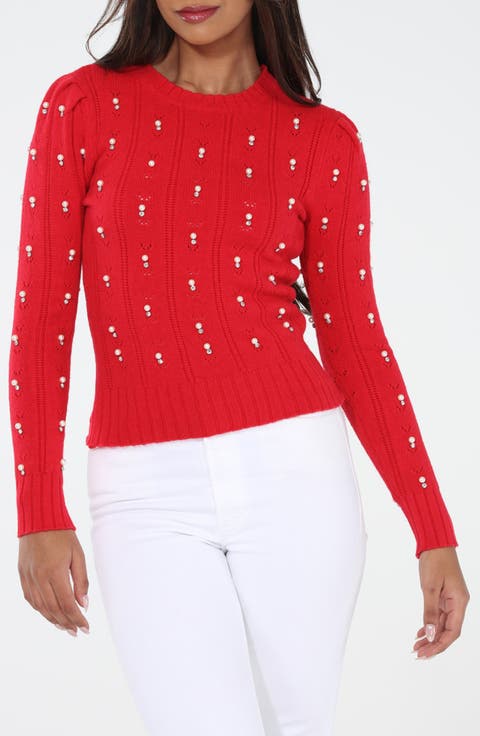 Faux Pearl Cotton Blend Pointelle Sweater